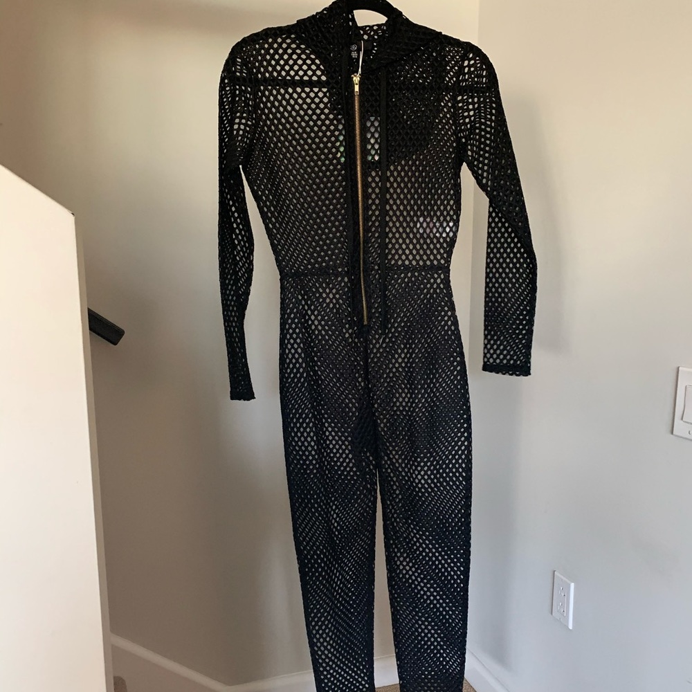 MISSGUIDED black zipup mesh, hooded, full bodysuit